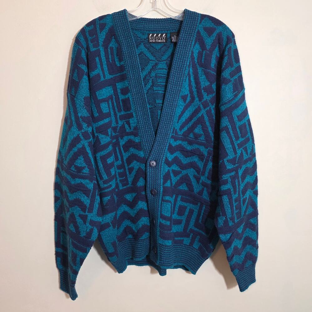 Vintage Nuovo button front teal aztec grandpa biggie cardigan sweater mens sz XL